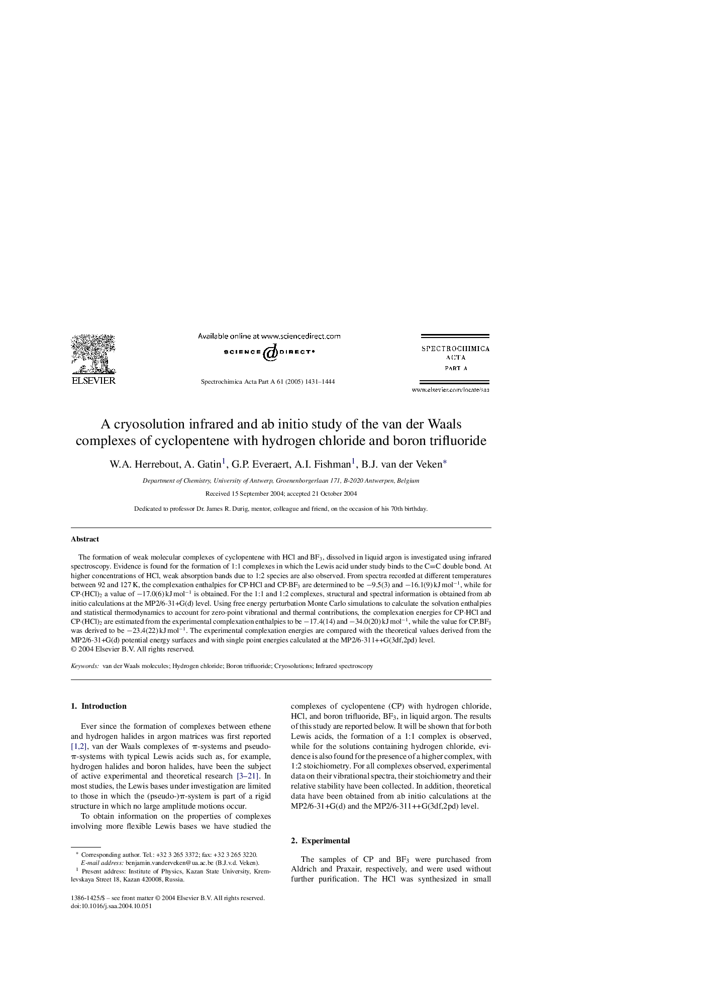 A cryosolution infrared and ab initio study of the van der Waals complexes of cyclopentene with hydrogen chloride and boron trifluoride