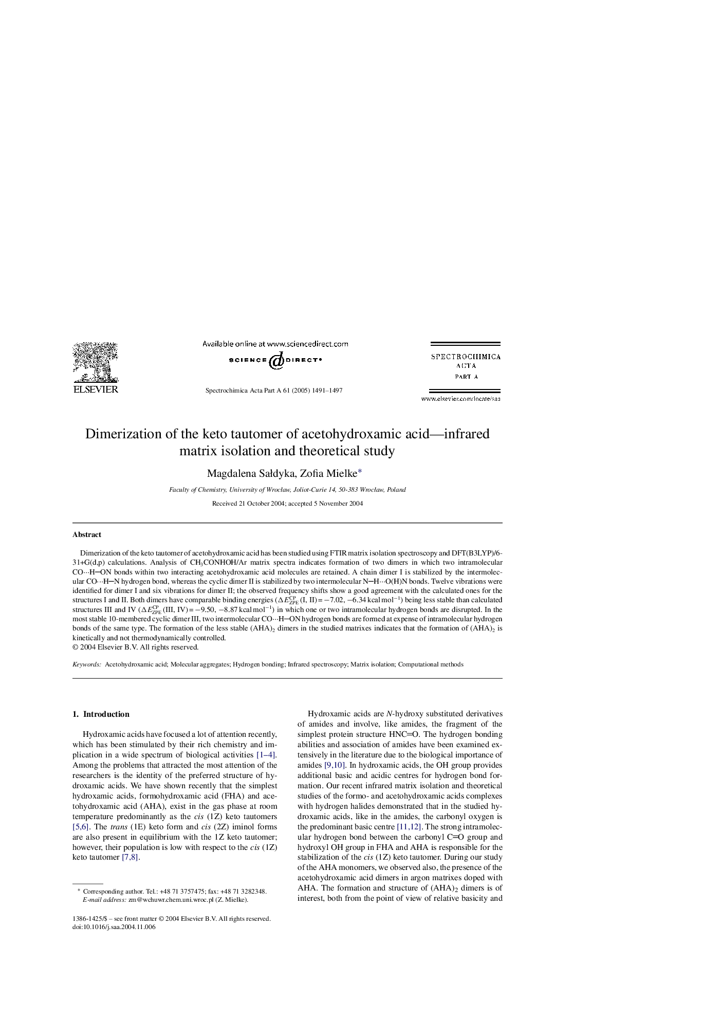 Dimerization of the keto tautomer of acetohydroxamic acid-infrared matrix isolation and theoretical study