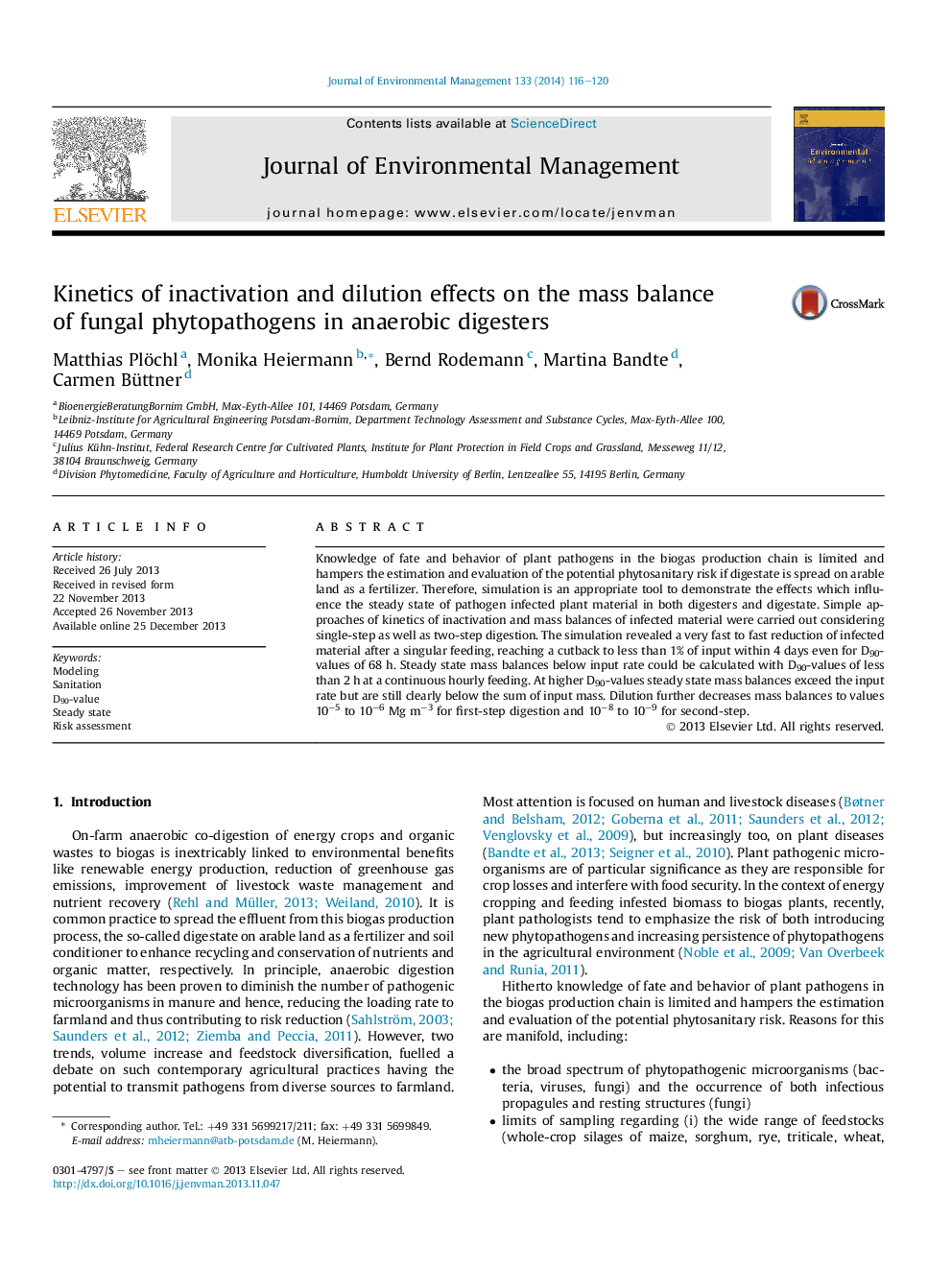 Kinetics of inactivation and dilution effects on the mass balance of fungal phytopathogens in anaerobic digesters