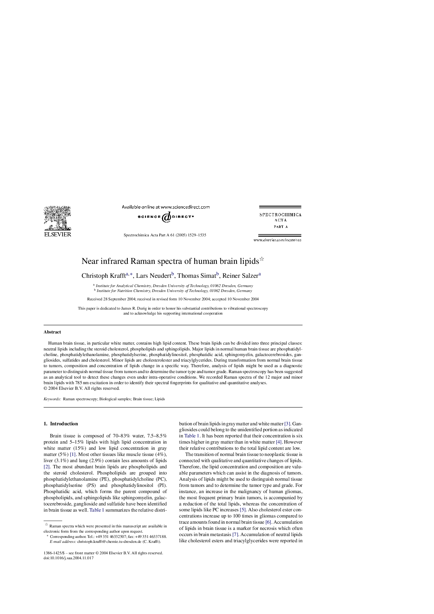 Near infrared Raman spectra of human brain lipids