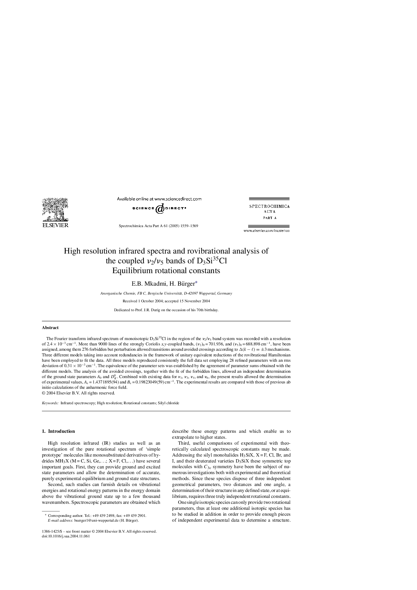 High resolution infrared spectra and rovibrational analysis of the coupled Î½2/Î½5 bands of D3Si35Cl