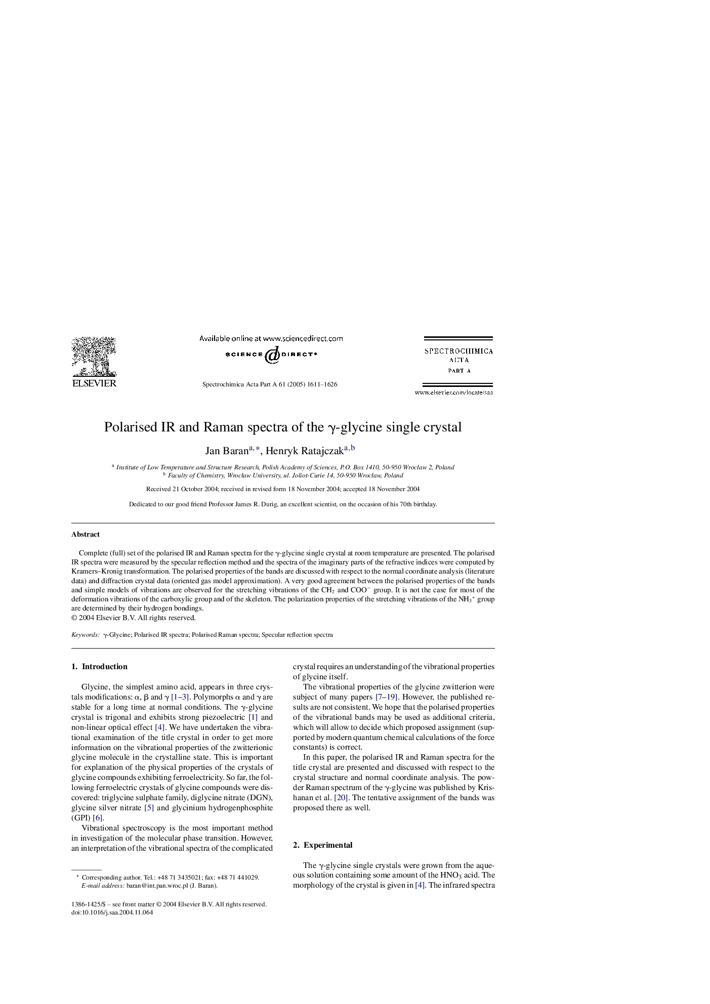 Polarised IR and Raman spectra of the Î³-glycine single crystal