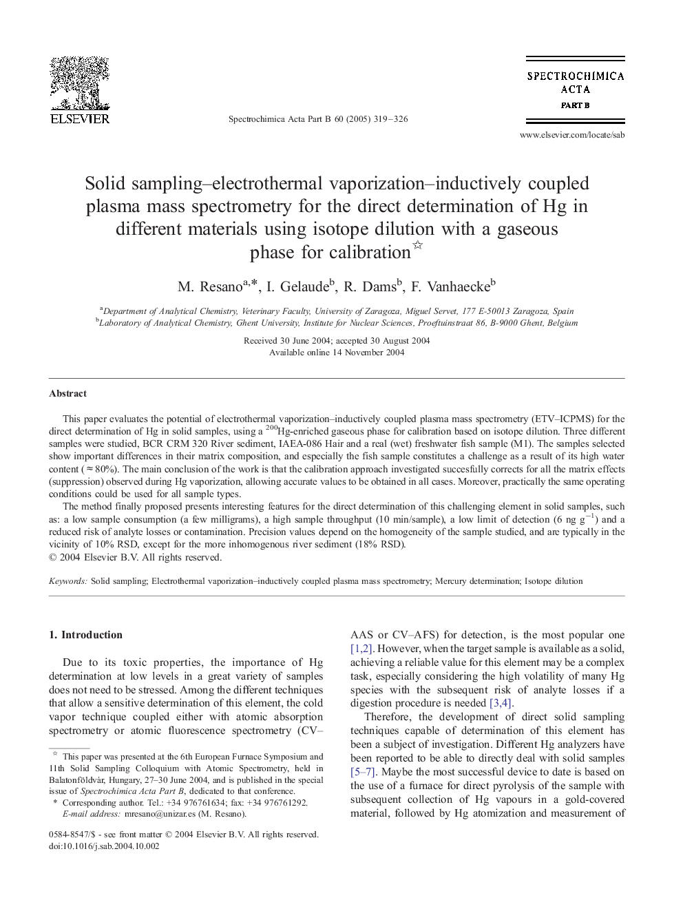 Solid sampling-electrothermal vaporization-inductively coupled plasma mass spectrometry for the direct determination of Hg in different materials using isotope dilution with a gaseous phase for calibration