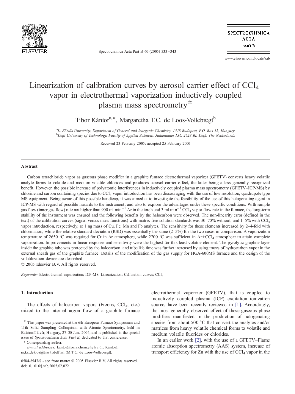 Linearization of calibration curves by aerosol carrier effect of CCl4 vapor in electrothermal vaporization inductively coupled plasma mass spectrometry