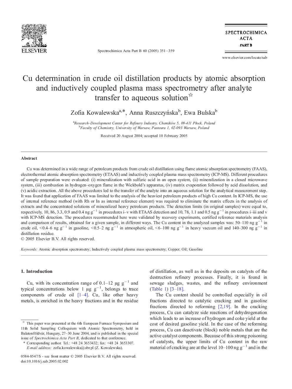 Cu determination in crude oil distillation products by atomic absorption and inductively coupled plasma mass spectrometry after analyte transfer to aqueous solution