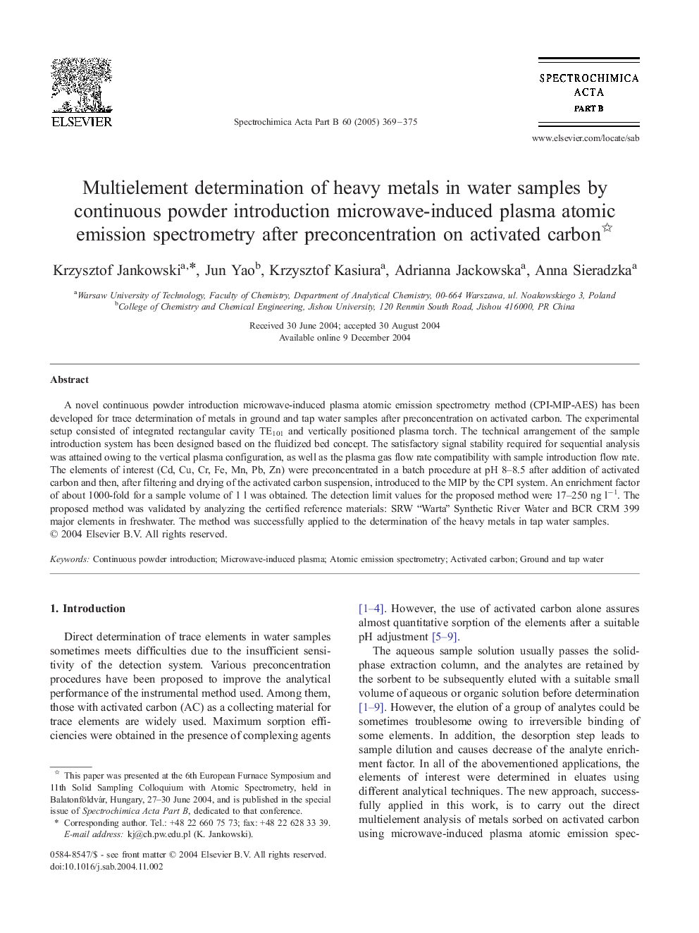 Multielement determination of heavy metals in water samples by continuous powder introduction microwave-induced plasma atomic emission spectrometry after preconcentration on activated carbon