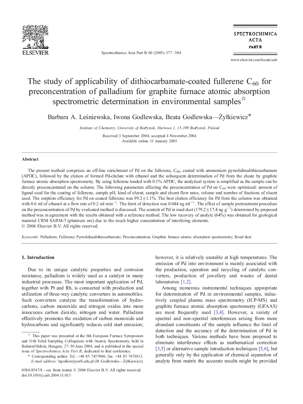 The study of applicability of dithiocarbamate-coated fullerene C60 for preconcentration of palladium for graphite furnace atomic absorption spectrometric determination in environmental samples