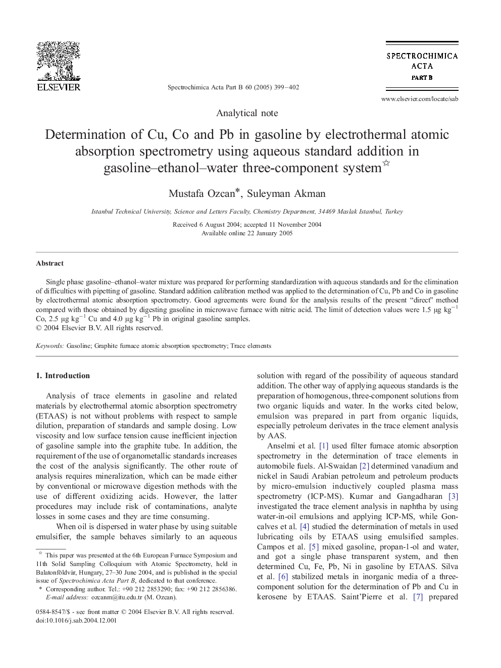 Determination of Cu, Co and Pb in gasoline by electrothermal atomic absorption spectrometry using aqueous standard addition in gasoline-ethanol-water three-component system