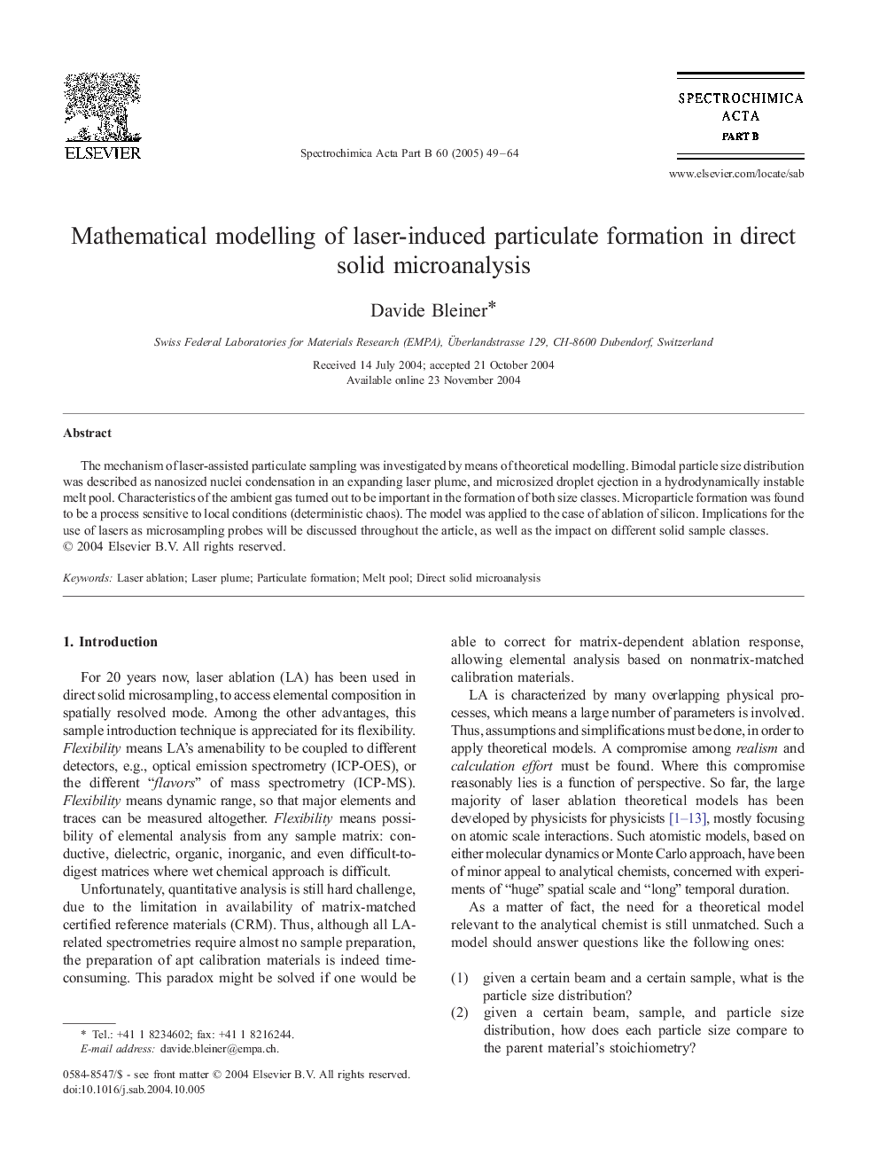 Mathematical modelling of laser-induced particulate formation in direct solid microanalysis