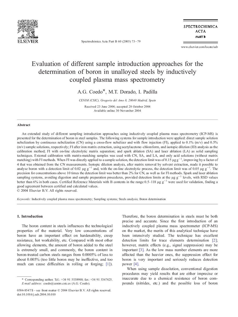 Evaluation of different sample introduction approaches for the determination of boron in unalloyed steels by inductively coupled plasma mass spectrometry