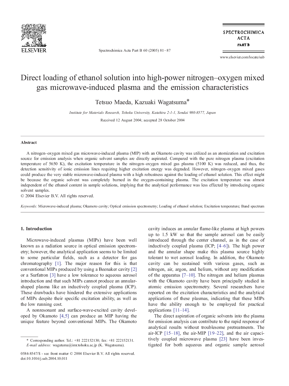 Direct loading of ethanol solution into high-power nitrogen-oxygen mixed gas microwave-induced plasma and the emission characteristics