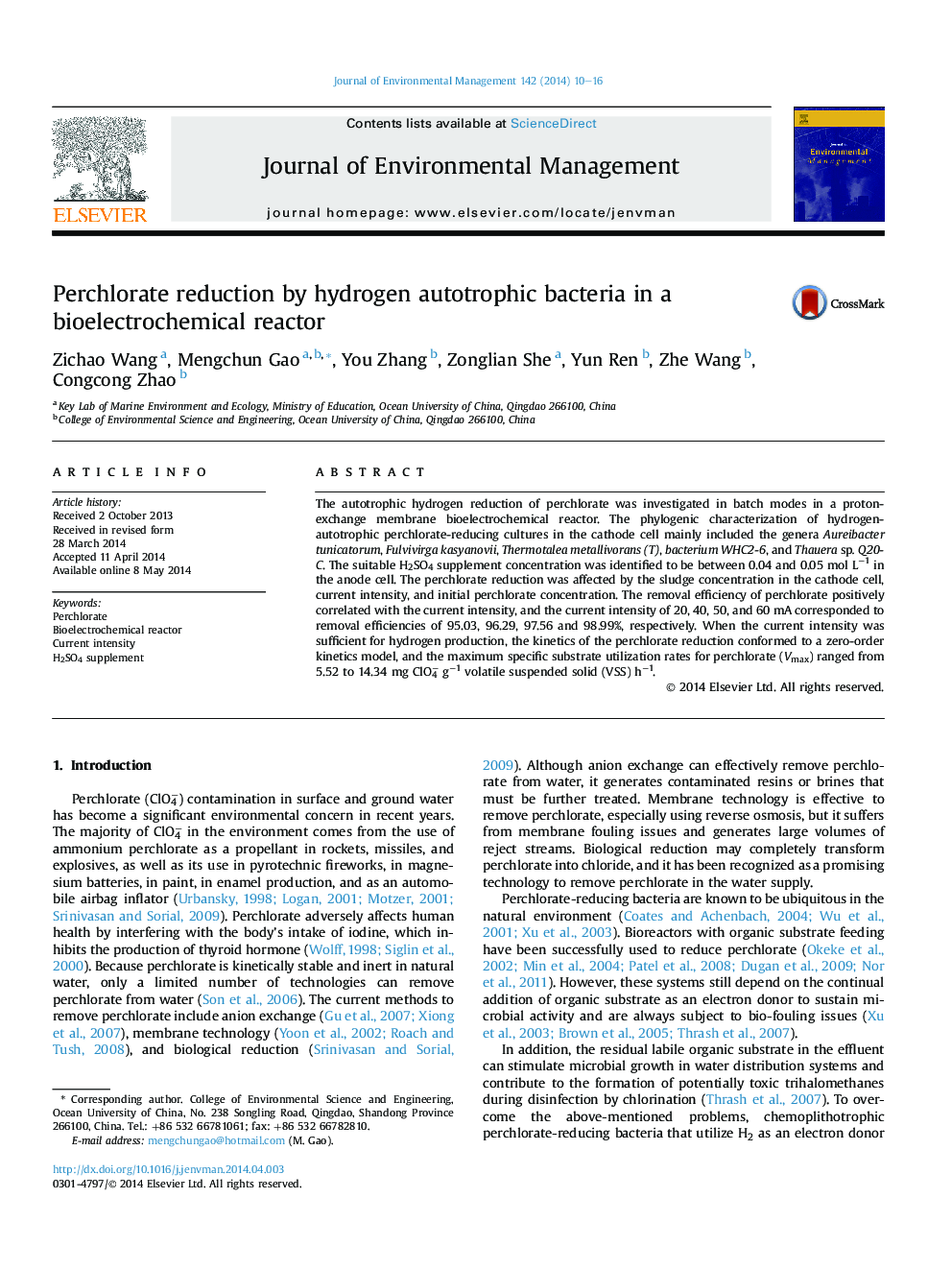 Perchlorate reduction by hydrogen autotrophic bacteria in a bioelectrochemical reactor