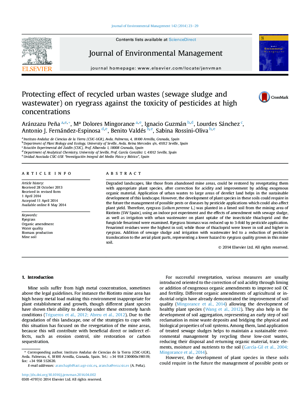 Protecting effect of recycled urban wastes (sewage sludge and wastewater) on ryegrass against the toxicity of pesticides at high concentrations