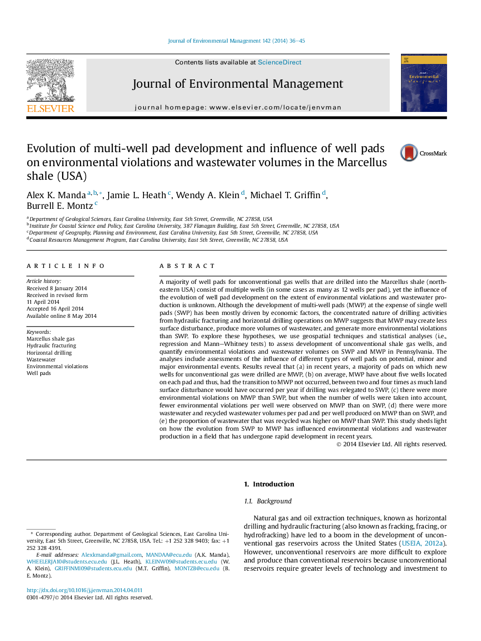 Evolution of multi-well pad development and influence of well pads on environmental violations and wastewater volumes in the Marcellus shale (USA)