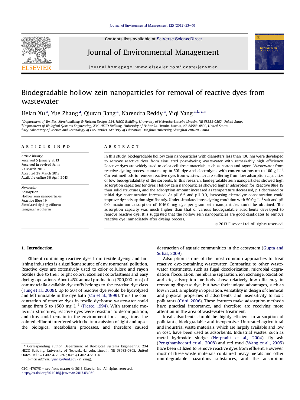 Biodegradable hollow zein nanoparticles for removal of reactive dyes from wastewater