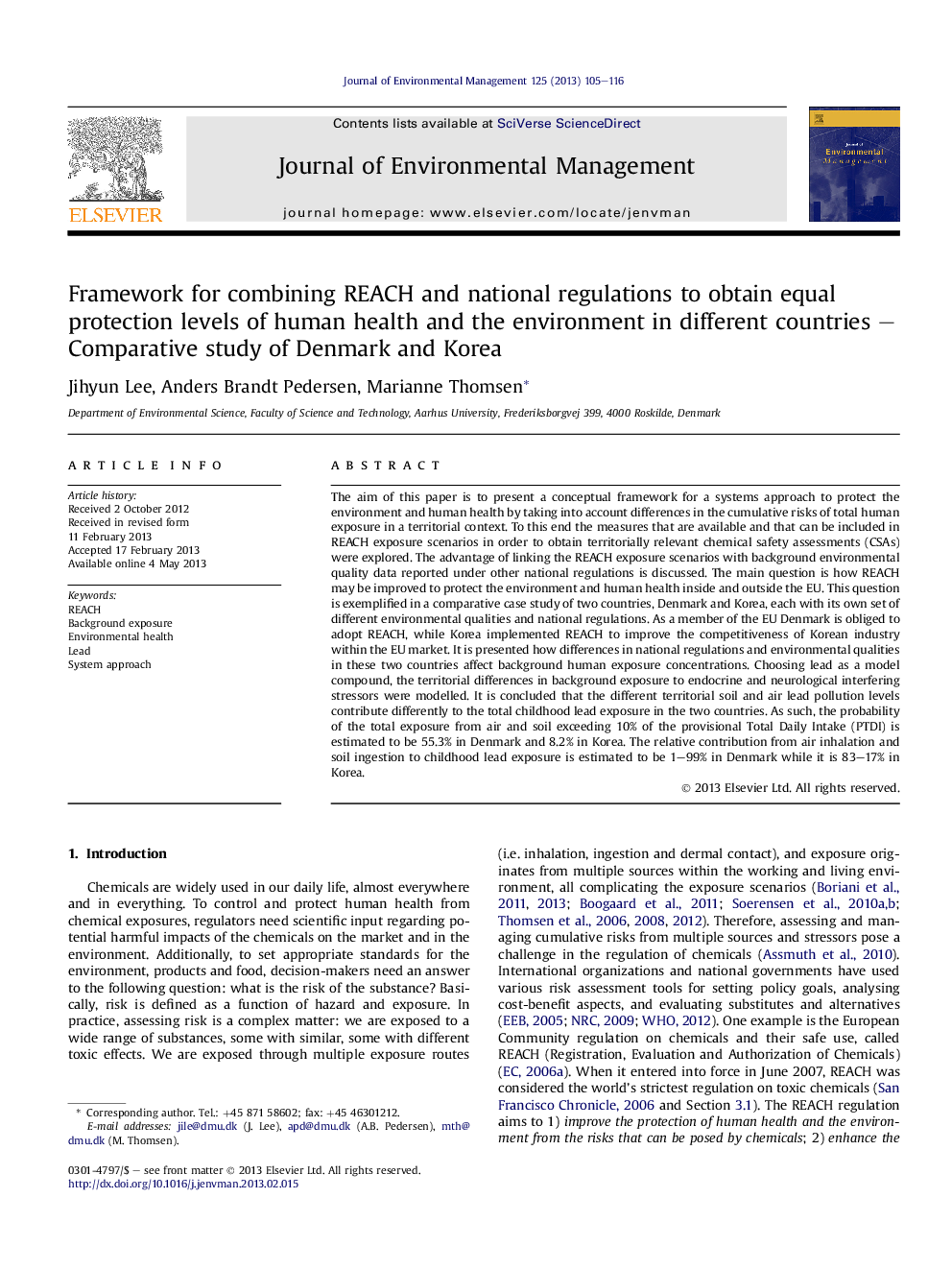 Framework for combining REACH and national regulations to obtain equal protection levels of human health and the environment in different countries – Comparative study of Denmark and Korea