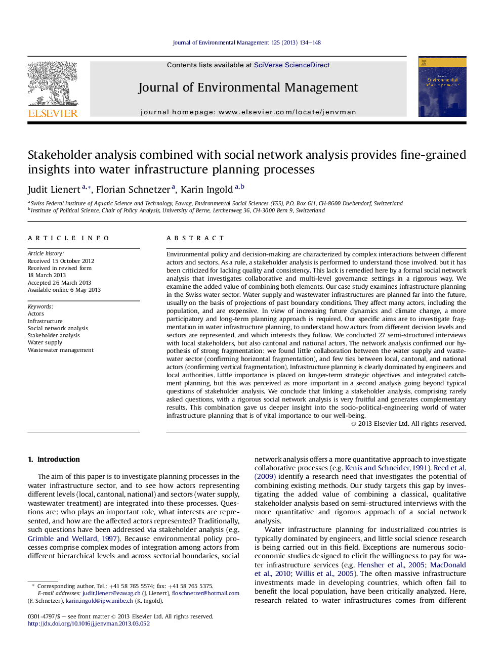 Stakeholder analysis combined with social network analysis provides fine-grained insights into water infrastructure planning processes