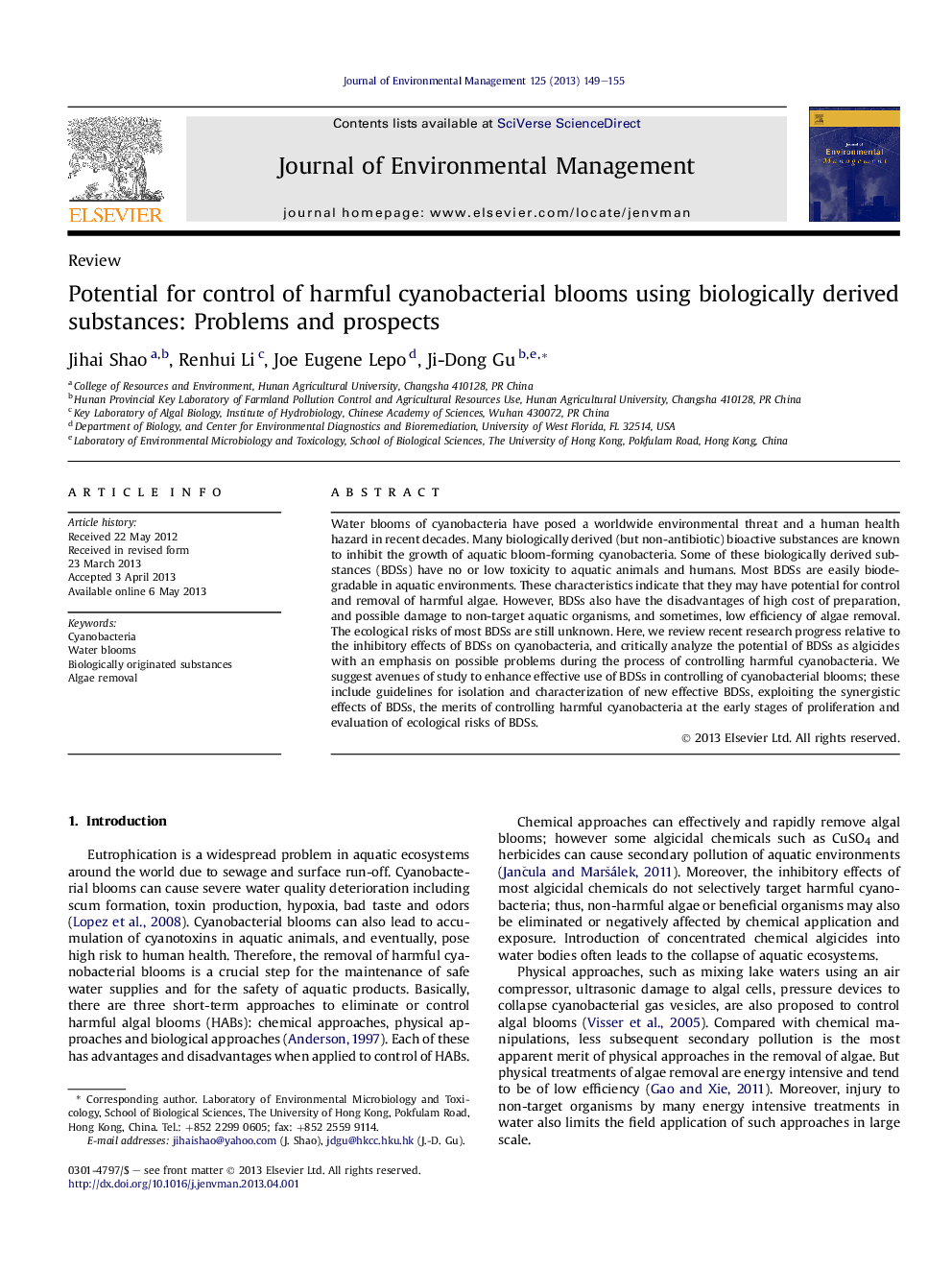 Potential for control of harmful cyanobacterial blooms using biologically derived substances: Problems and prospects