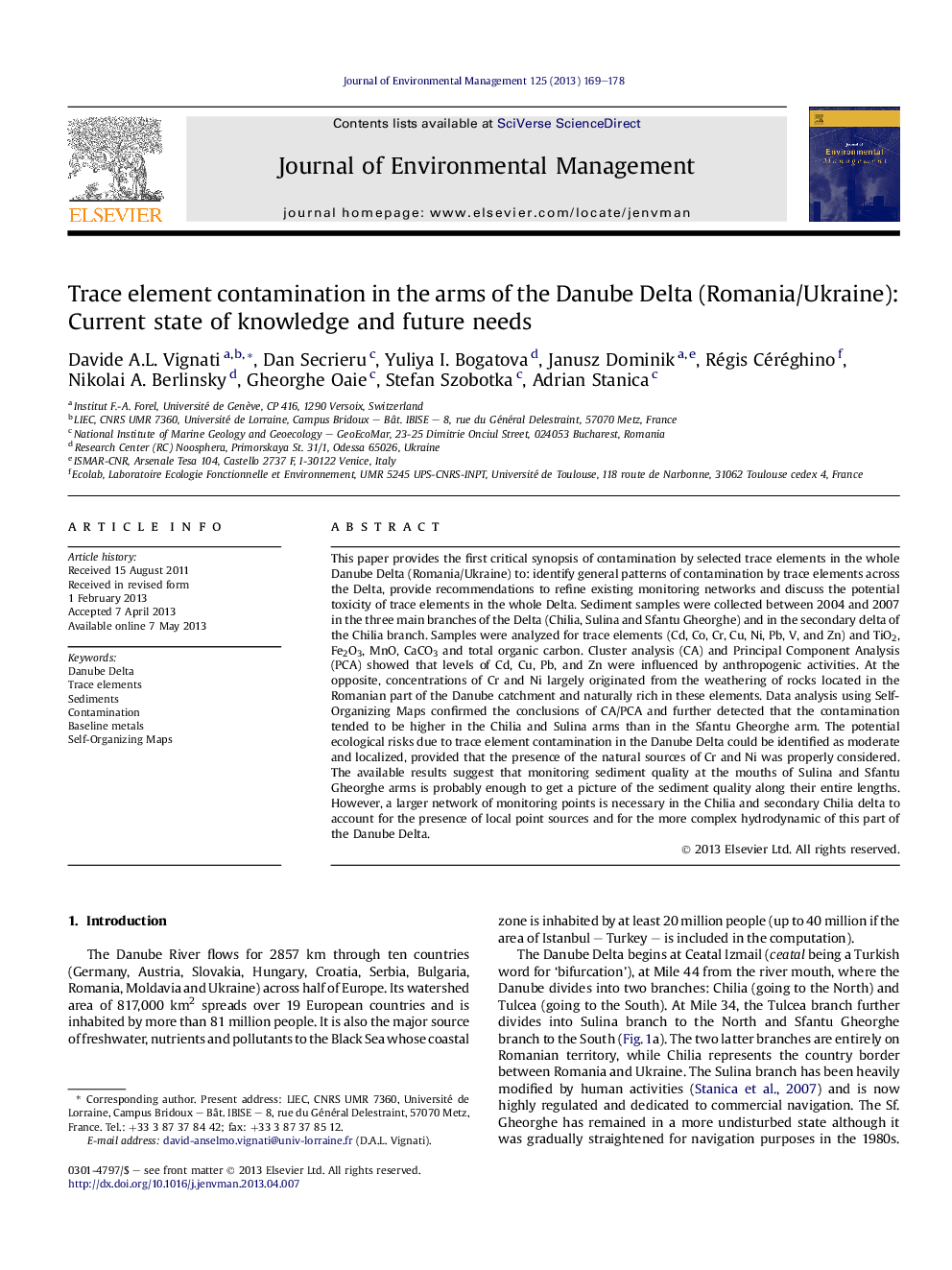 Trace element contamination in the arms of the Danube Delta (Romania/Ukraine): Current state of knowledge and future needs