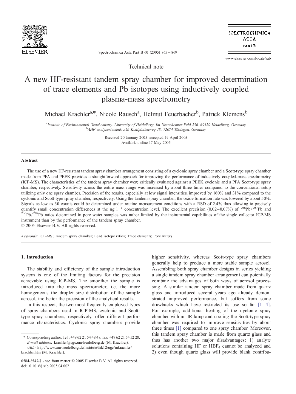 A new HF-resistant tandem spray chamber for improved determination of trace elements and Pb isotopes using inductively coupled plasma-mass spectrometry