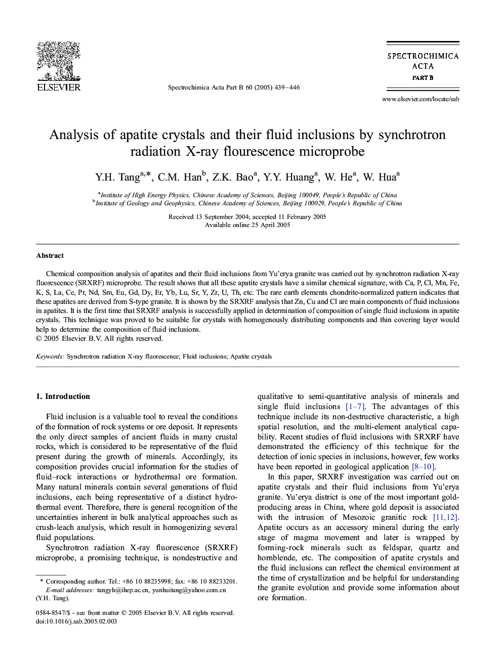 Analysis of apatite crystals and their fluid inclusions by synchrotron radiation X-ray flourescence microprobe