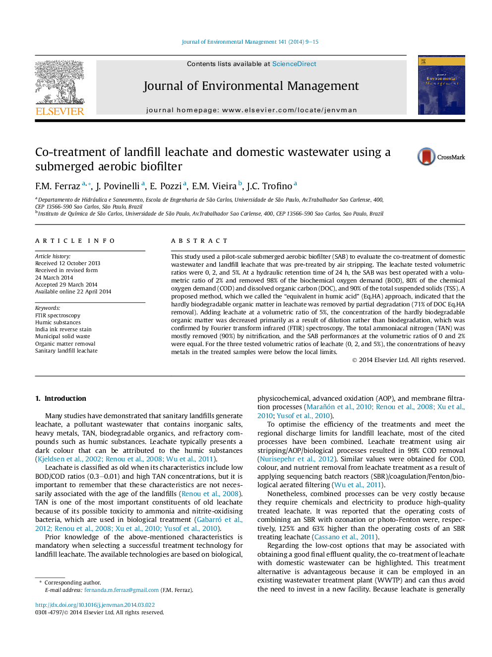 Co-treatment of landfill leachate and domestic wastewater using a submerged aerobic biofilter