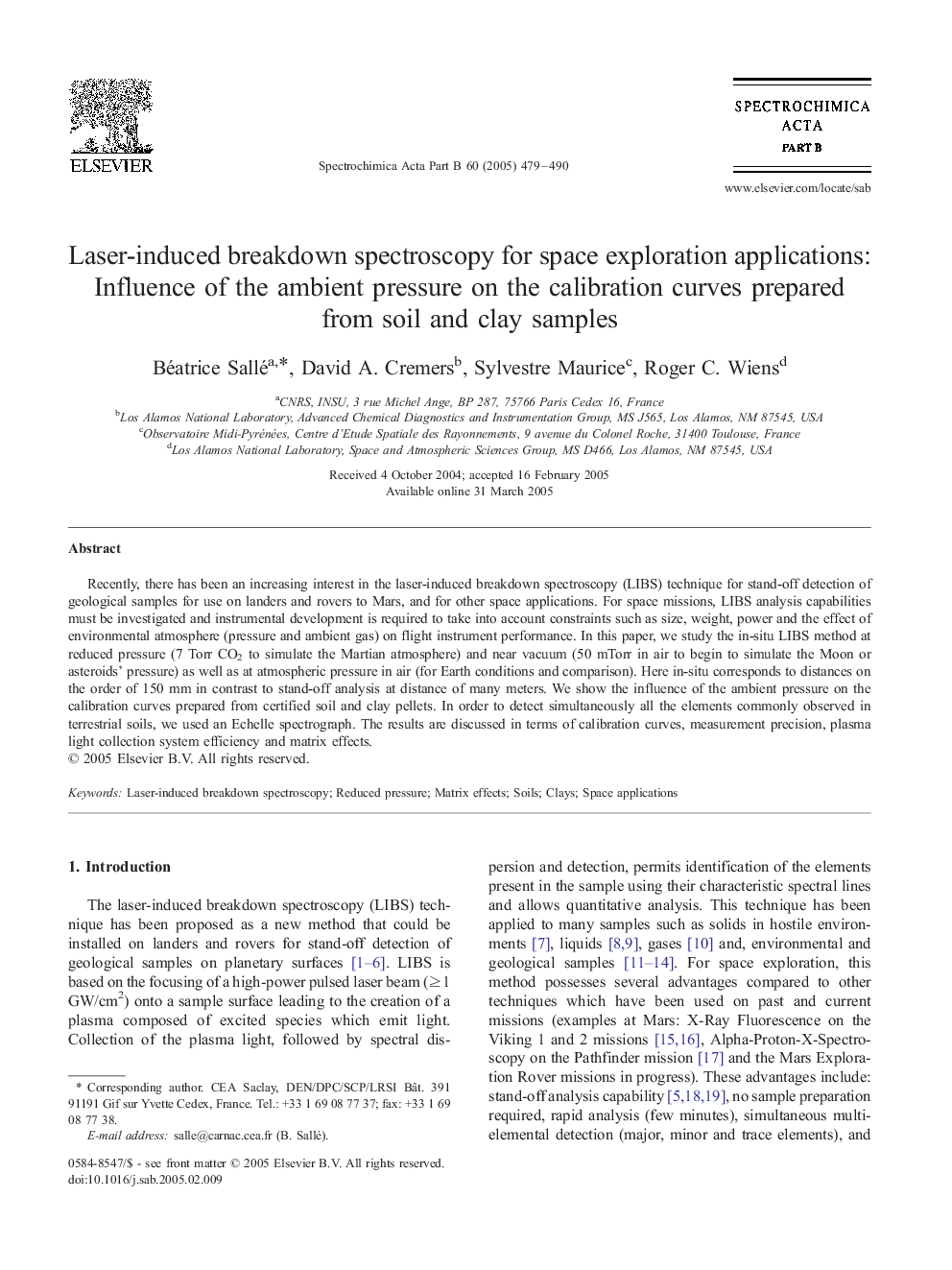 Laser-induced breakdown spectroscopy for space exploration applications: Influence of the ambient pressure on the calibration curves prepared from soil and clay samples