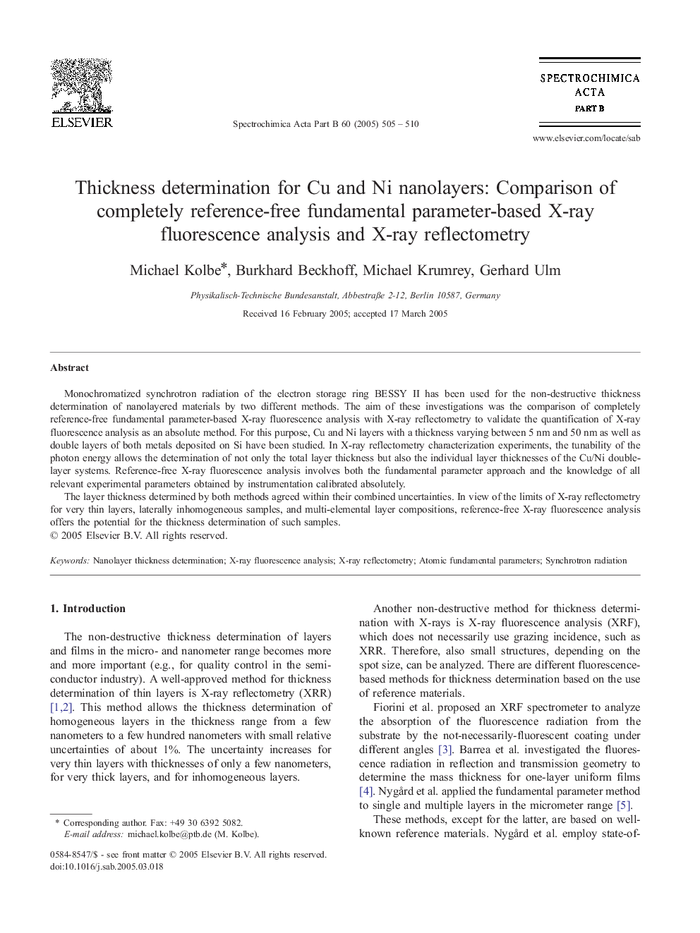 Thickness determination for Cu and Ni nanolayers: Comparison of completely reference-free fundamental parameter-based X-ray fluorescence analysis and X-ray reflectometry