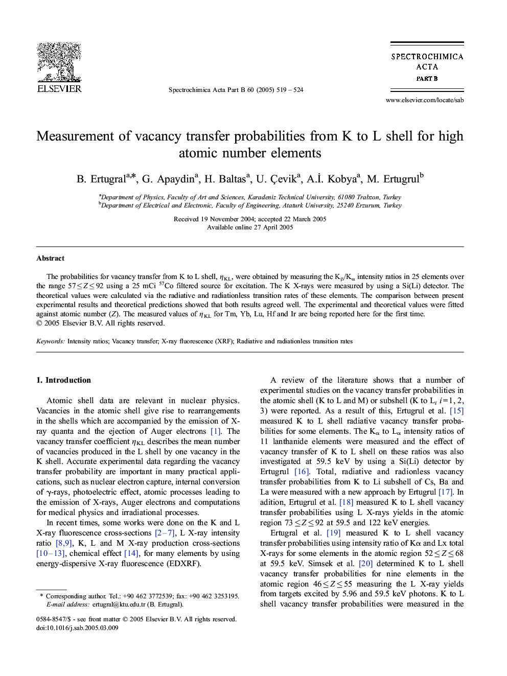 Measurement of vacancy transfer probabilities from K to L shell for high atomic number elements