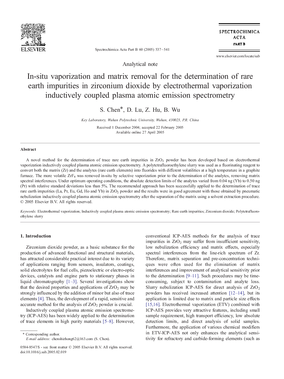 In-situ vaporization and matrix removal for the determination of rare earth impurities in zirconium dioxide by electrothermal vaporization inductively coupled plasma atomic emission spectrometry