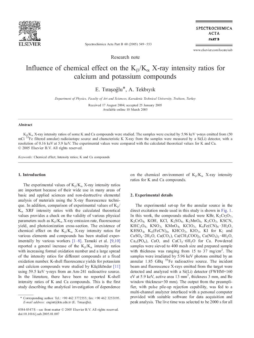 Influence of chemical effect on the KÎ²/KÎ± X-ray intensity ratios for calcium and potassium compounds