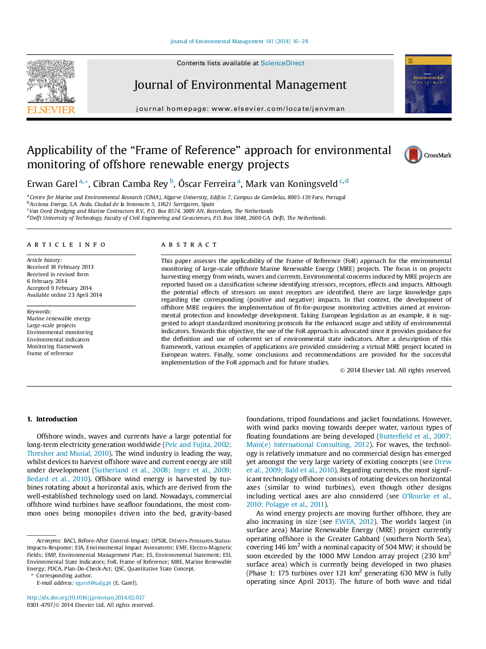 Applicability of the “Frame of Reference” approach for environmental monitoring of offshore renewable energy projects