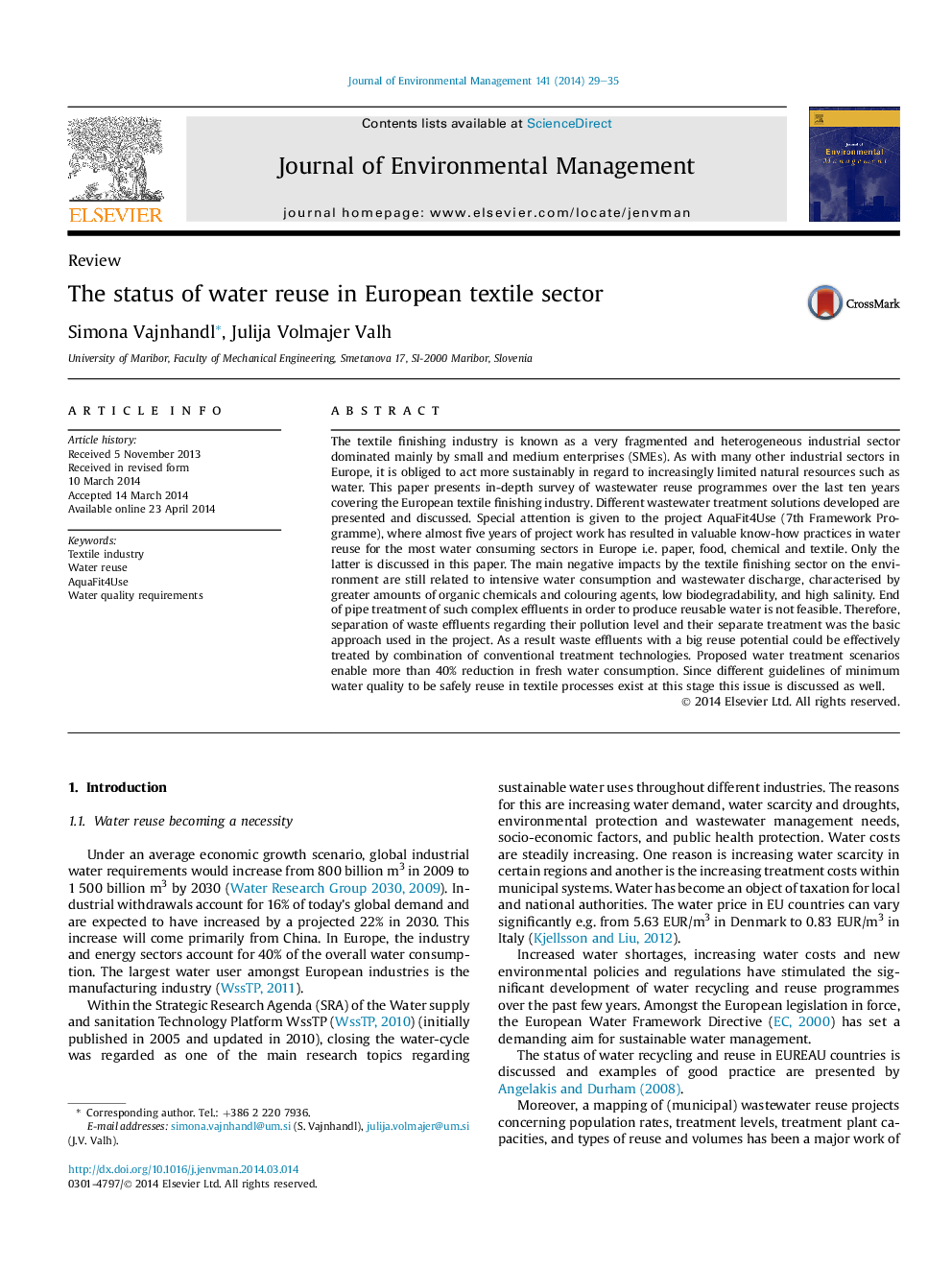 The status of water reuse in European textile sector