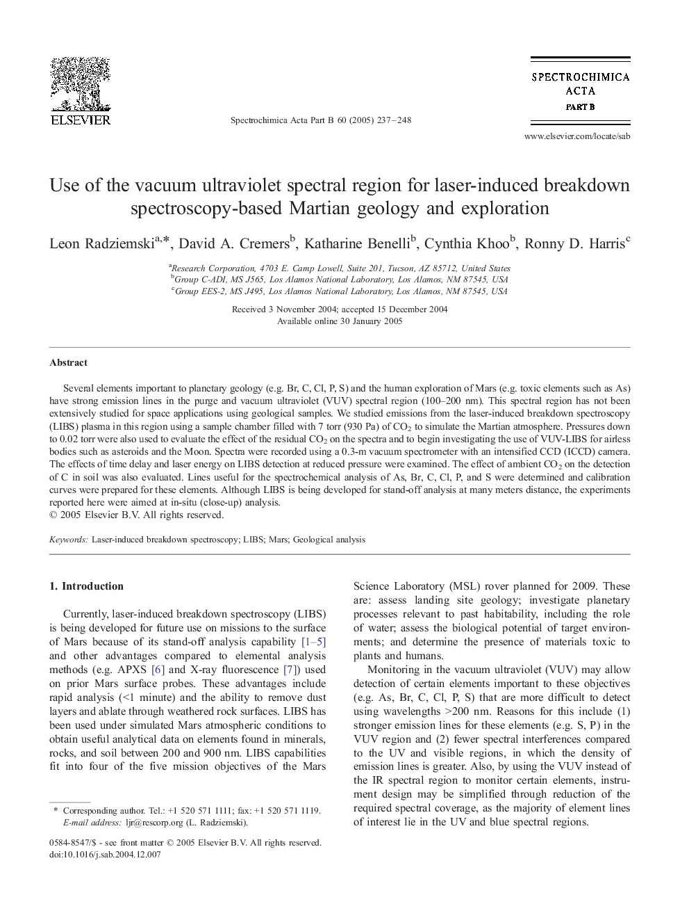 Use of the vacuum ultraviolet spectral region for laser-induced breakdown spectroscopy-based Martian geology and exploration