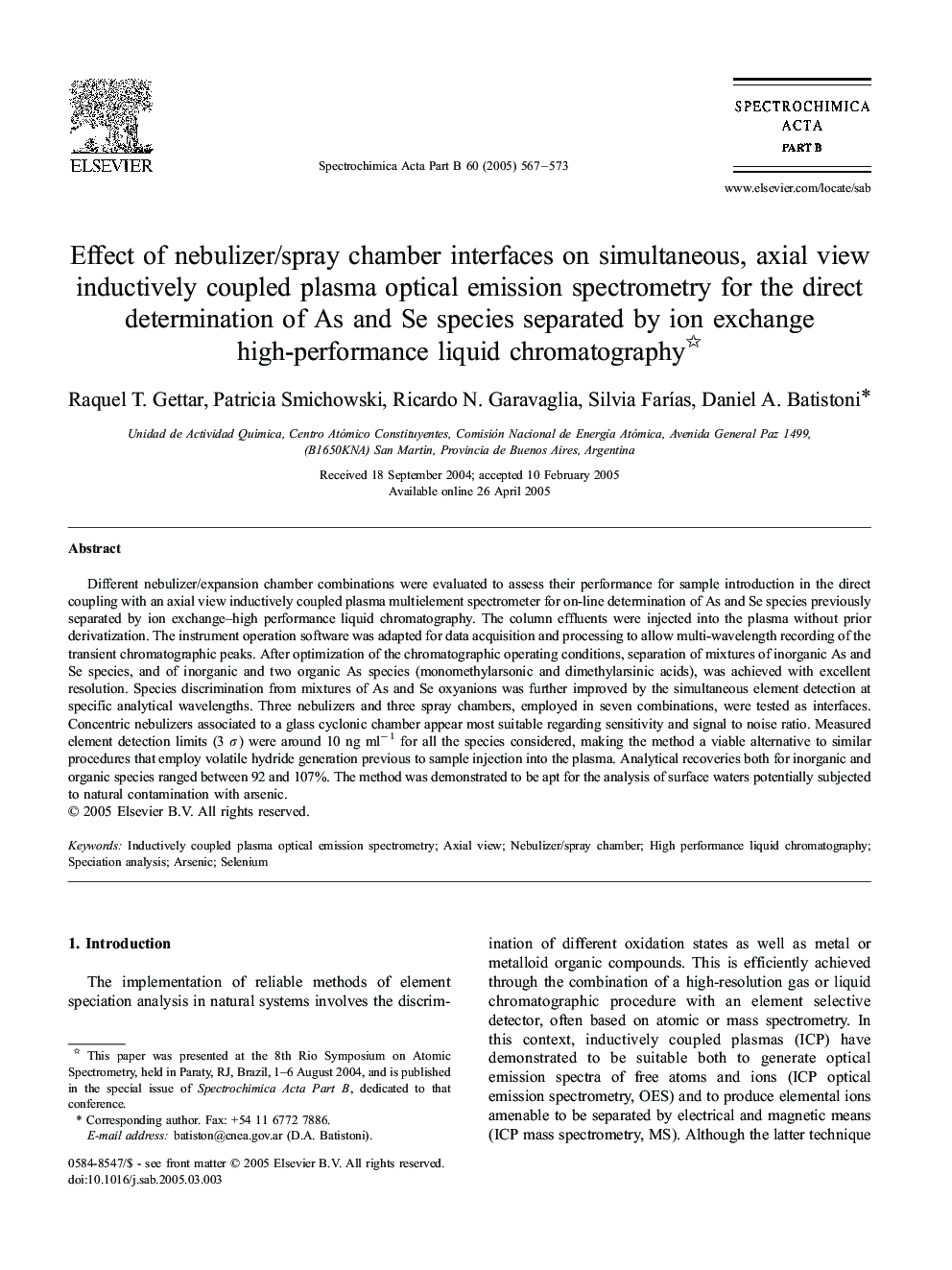 Effect of nebulizer/spray chamber interfaces on simultaneous, axial view inductively coupled plasma optical emission spectrometry for the direct determination of As and Se species separated by ion exchange high-performance liquid chromatography