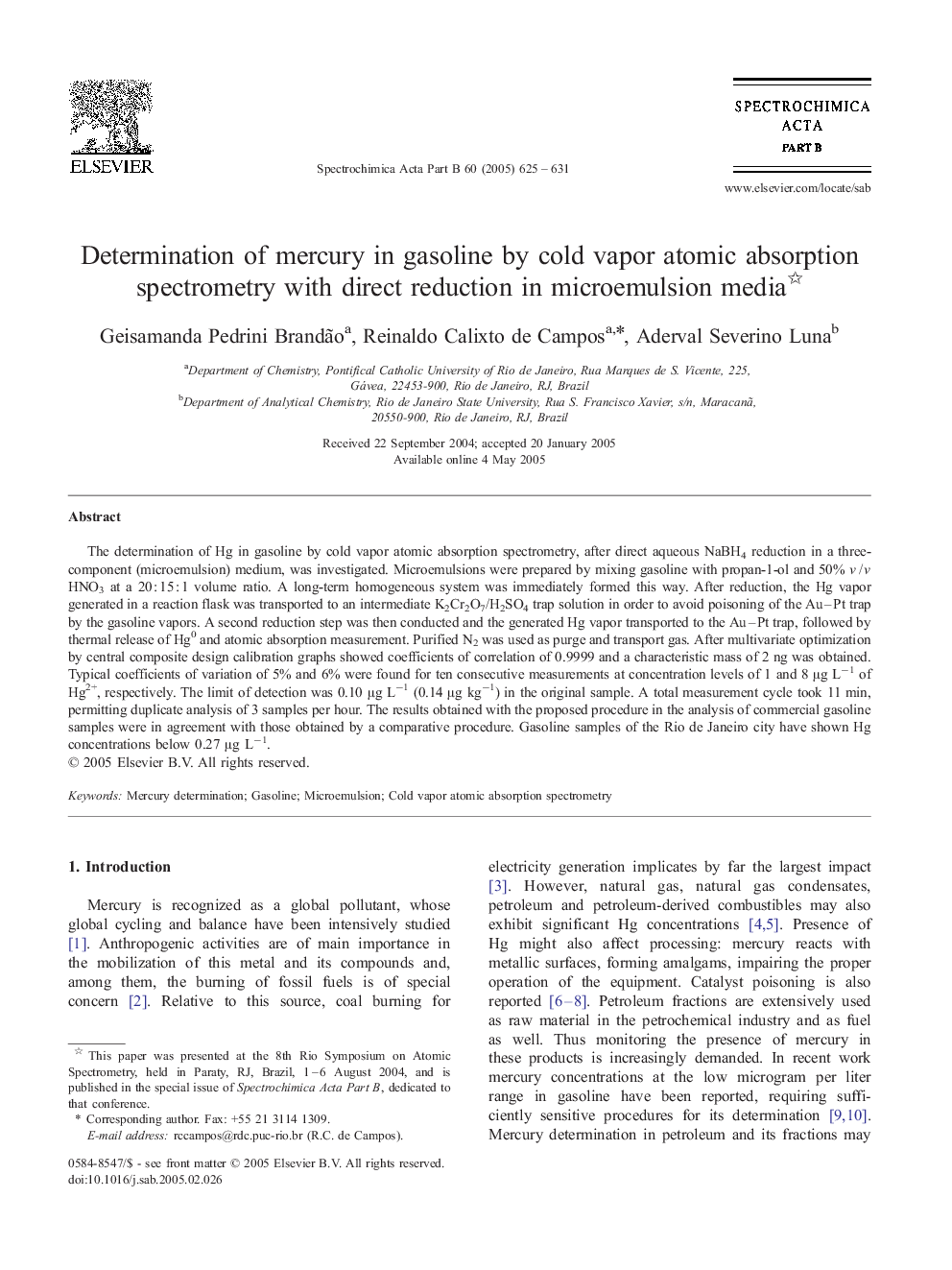 Determination of mercury in gasoline by cold vapor atomic absorption spectrometry with direct reduction in microemulsion media