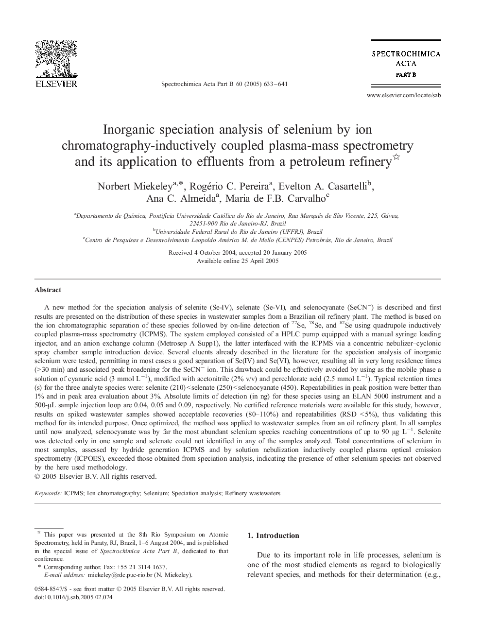 Inorganic speciation analysis of selenium by ion chromatography-inductively coupled plasma-mass spectrometry and its application to effluents from a petroleum refinery