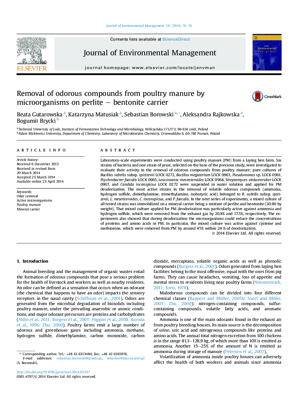 Removal of odorous compounds from poultry manure by microorganisms on perlite – bentonite carrier