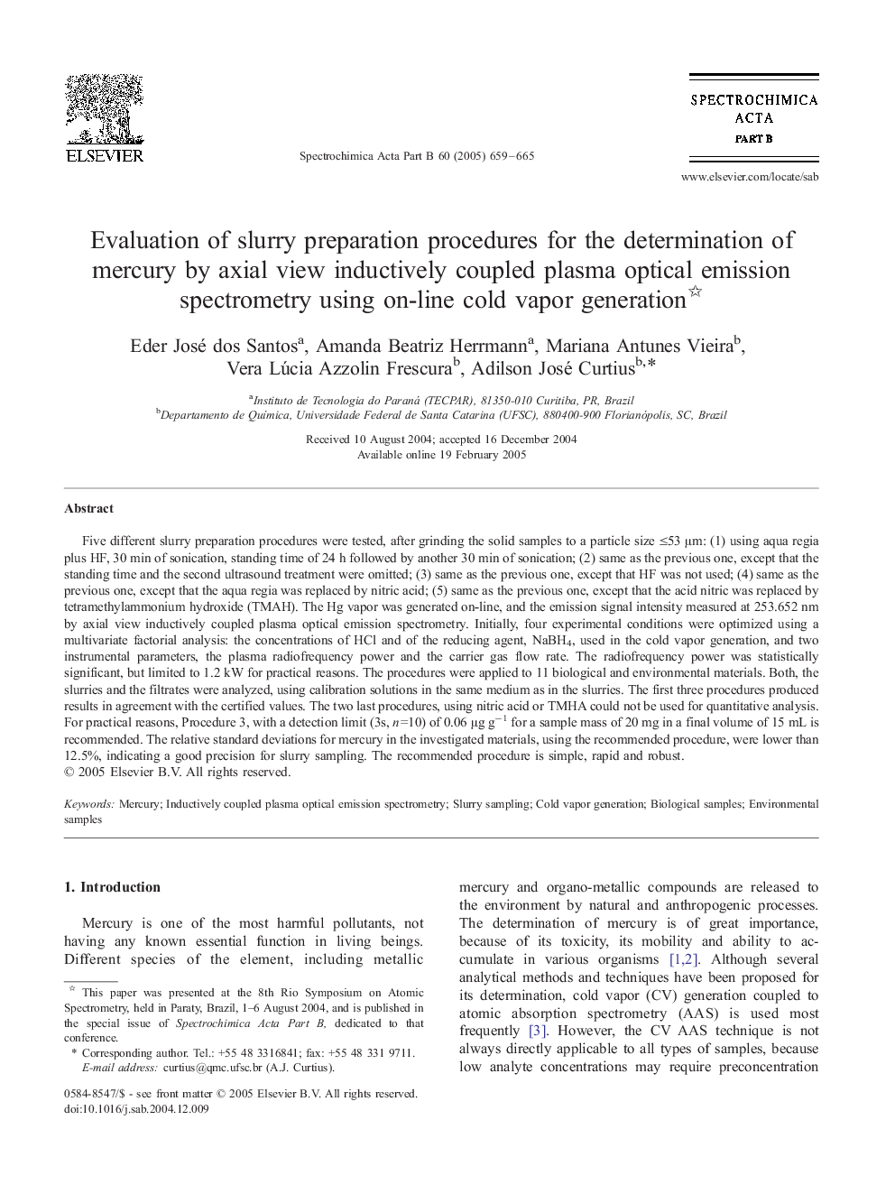 Evaluation of slurry preparation procedures for the determination of mercury by axial view inductively coupled plasma optical emission spectrometry using on-line cold vapor generation