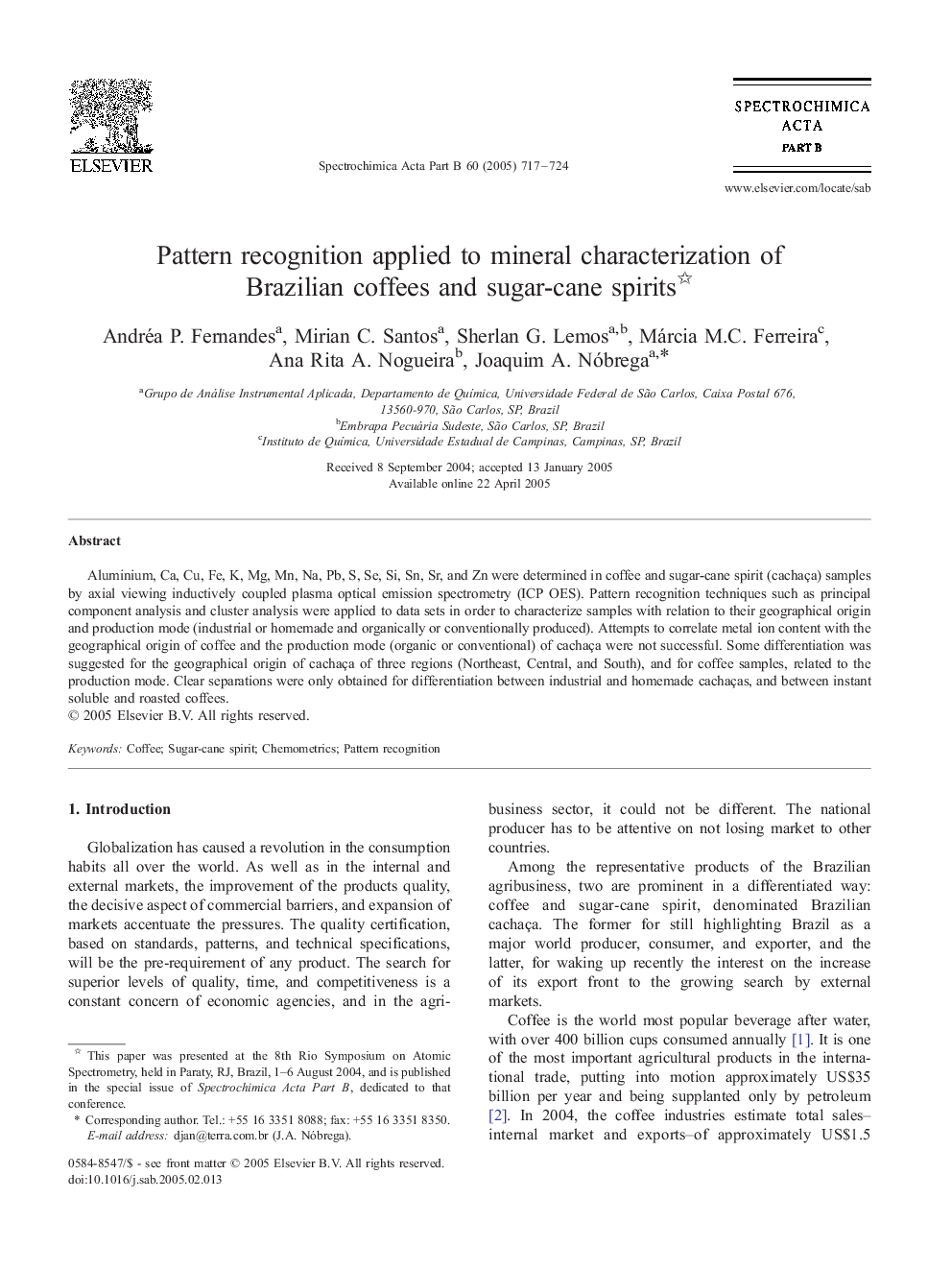 Pattern recognition applied to mineral characterization of Brazilian coffees and sugar-cane spirits