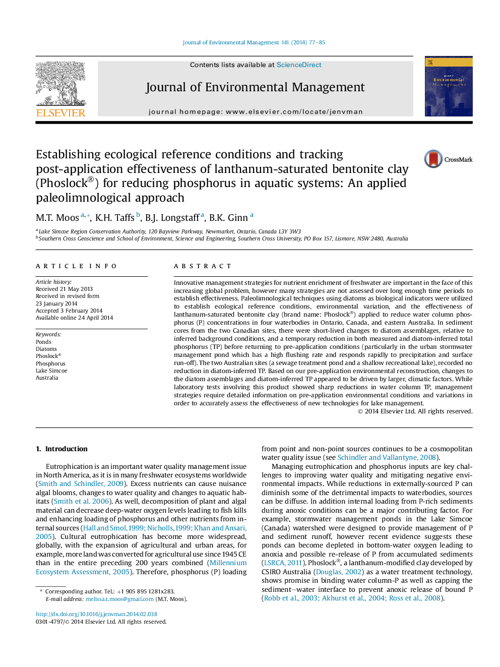 Establishing ecological reference conditions and tracking post-application effectiveness of lanthanum-saturated bentonite clay (Phoslock®) for reducing phosphorus in aquatic systems: An applied paleolimnological approach