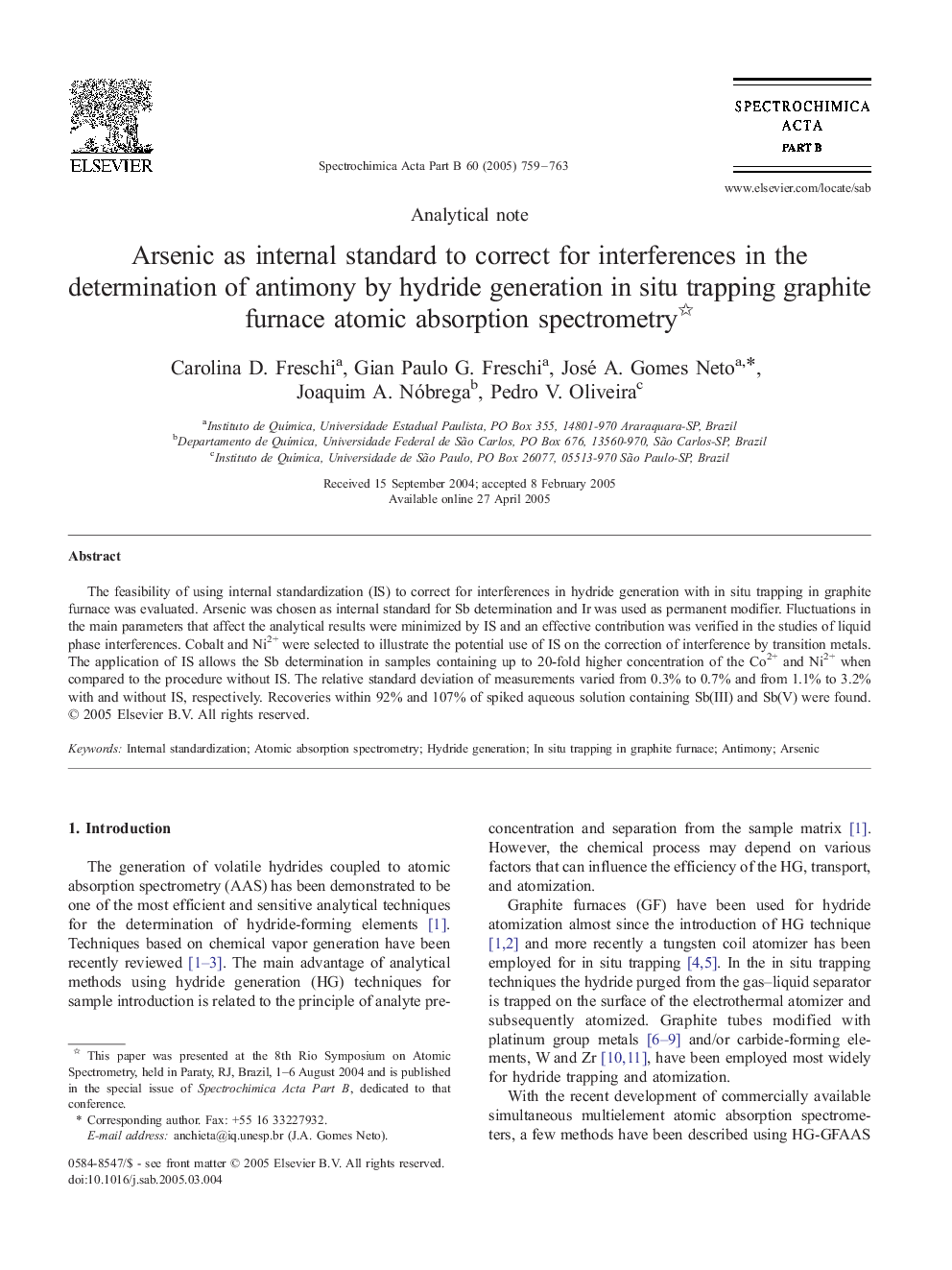 Arsenic as internal standard to correct for interferences in the determination of antimony by hydride generation in situ trapping graphite furnace atomic absorption spectrometry