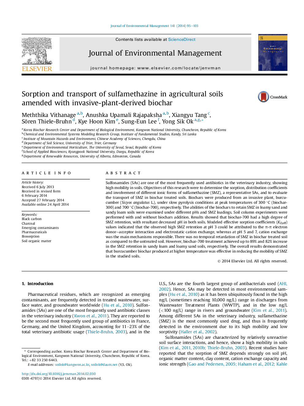 Sorption and transport of sulfamethazine in agricultural soils amended with invasive-plant-derived biochar