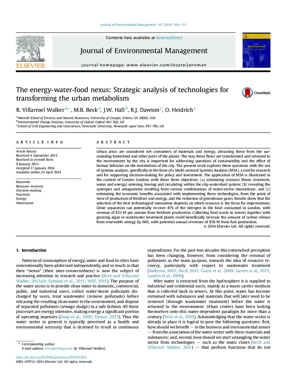 The energy-water-food nexus: Strategic analysis of technologies for transforming the urban metabolism