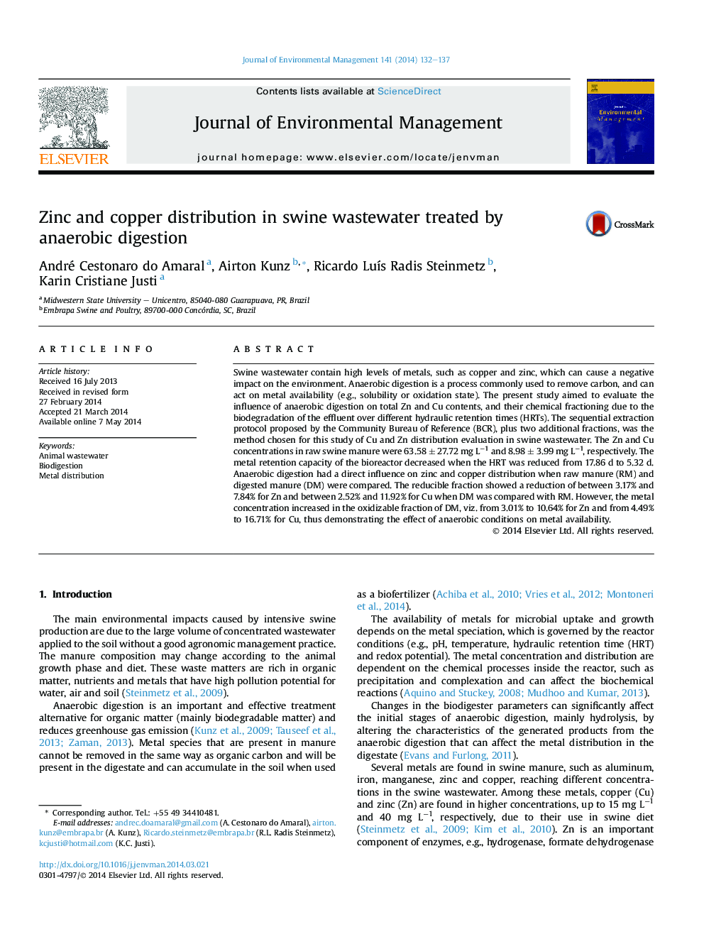 Zinc and copper distribution in swine wastewater treated by anaerobic digestion