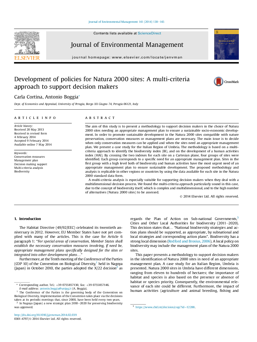 Development of policies for Natura 2000 sites: A multi-criteria approach to support decision makers