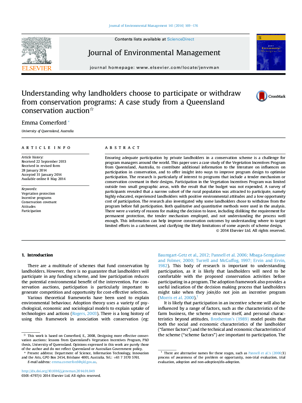 Understanding why landholders choose to participate or withdraw from conservation programs: A case study from a Queensland conservation auction 