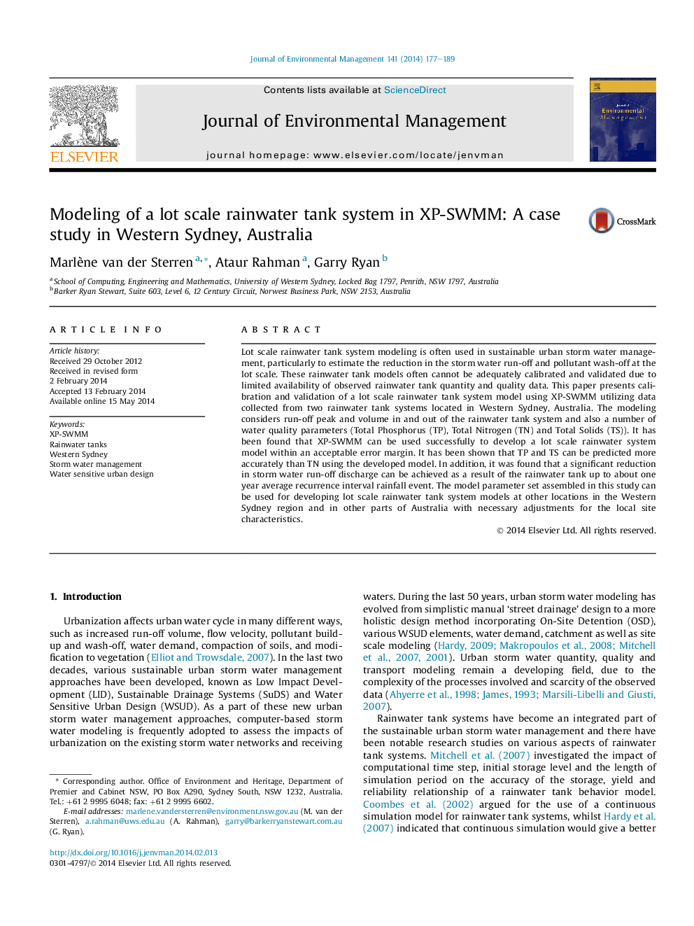 Modeling of a lot scale rainwater tank system in XP-SWMM: A case study in Western Sydney, Australia