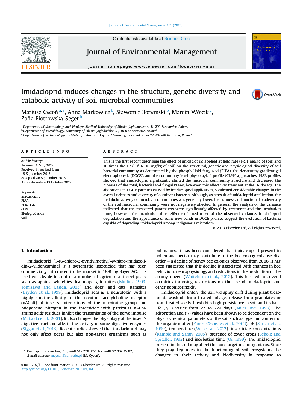 Imidacloprid induces changes in the structure, genetic diversity and catabolic activity of soil microbial communities