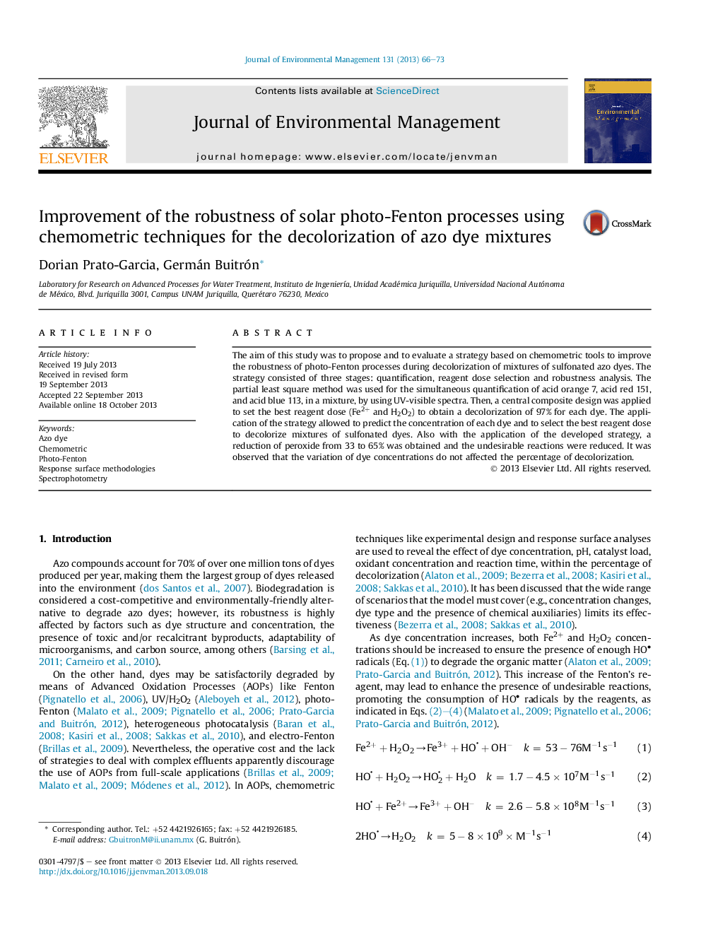 Improvement of the robustness of solar photo-Fenton processes using chemometric techniques for the decolorization of azo dye mixtures